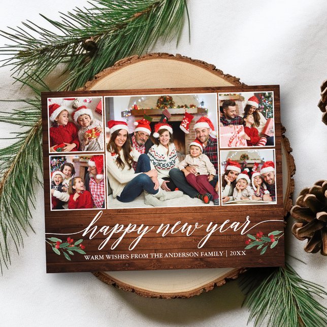 Postal Moderna caligrafía Madera 5 Fotografía Feliz Año N (Customize to change your personalized text size or text style.)