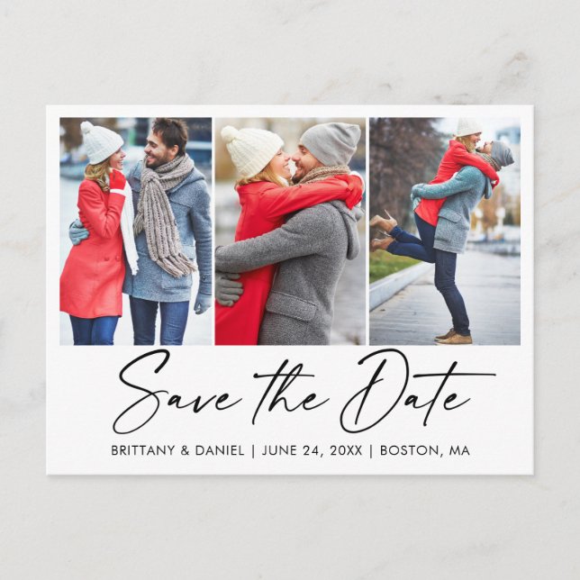 Postal Moderna Caligrafía Tinta 3 Foto Guardar La Fecha (Anverso)