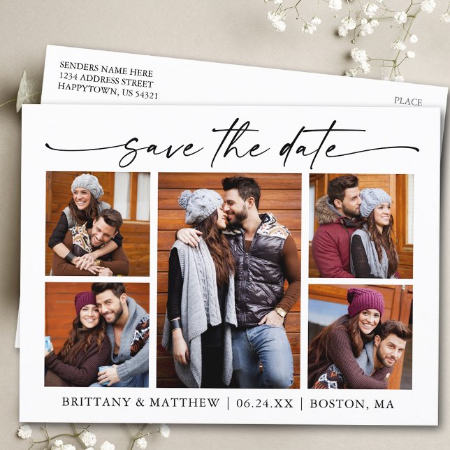 Postal Moderna Caligrafía Tinta 5 Fotos Guardar La Fecha (Customize to change your personalized text size or text style.)