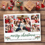 Postal Moderna caligrafía verde 5 Navidades de fotografía<br><div class="desc">Moderna caligrafía Script 5 Collage de fotos de la familia fotográfica Merry Christmas Postcard incluye Navidades de acuarela Holly Berries - Green Script</div>
