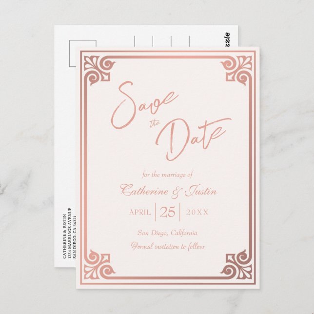 Postal Moderna Deco Rubor Pink Peacock Photo Save The Dat (Anverso / Reverso)