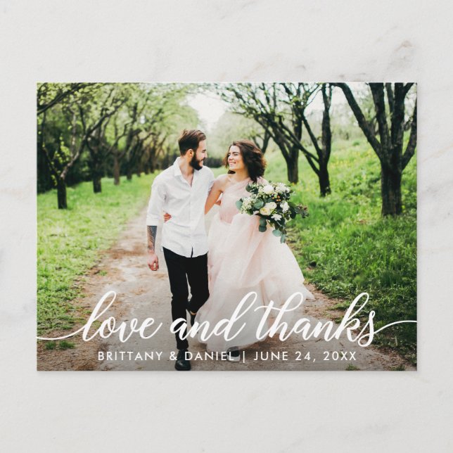 Postal Moderna escritura de amor y gracias Boda foto W (Anverso)