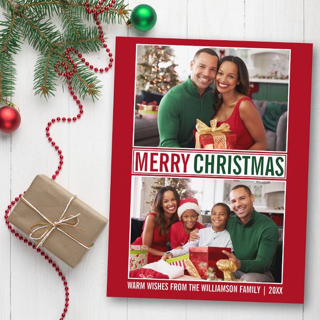 Postal Moderna familia navideña Merry 2 foto roja (Customize to change your personalized text size or text style.)