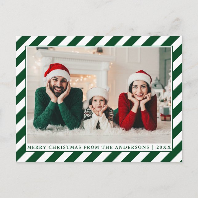 Postal Moderna Feliz Navidad Green Stripes Foto (Anverso)
