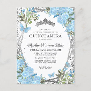 Postal Moderna Floral Dusty Blue Silver Tiara Quinceañera