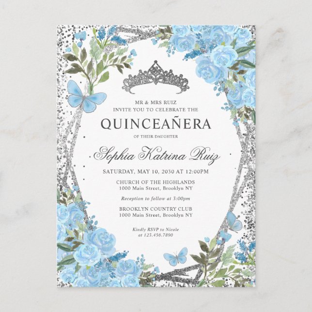 Postal Moderna Floral Dusty Blue Silver Tiara Quinceañera (Anverso)