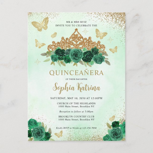 Postal Moderna Floral Esmeralda Verde Oro Tiara Quinceañe (Anverso)