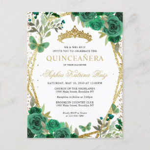 Postal Moderna Floral Esmeralda Verde Oro Tiara Quinceañe