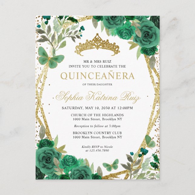 Postal Moderna Floral Esmeralda Verde Oro Tiara Quinceañe (Anverso)