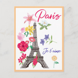 Postal Moderna Floral Paris je t'aime Eiffel Tower Travel