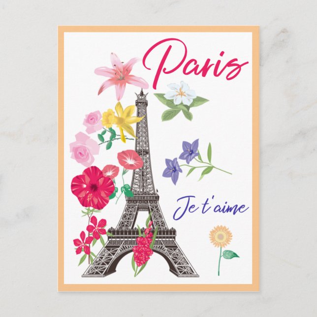 Postal Moderna Floral Paris je t'aime Eiffel Tower Travel (Anverso)