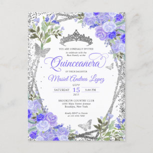 Postal Moderna Floral Purple Glam Silver Tiara Quinceañer