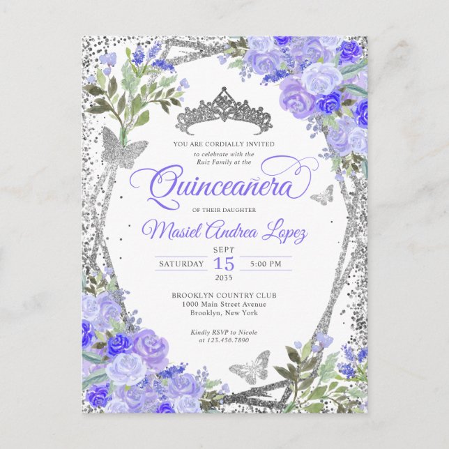 Postal Moderna Floral Purple Glam Silver Tiara Quinceañer (Anverso)