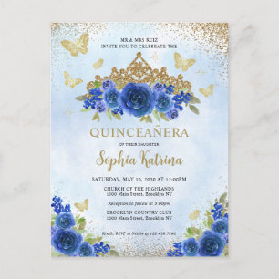 Postal Moderna Floral Royal Blue Gold Tiara Quinceañera