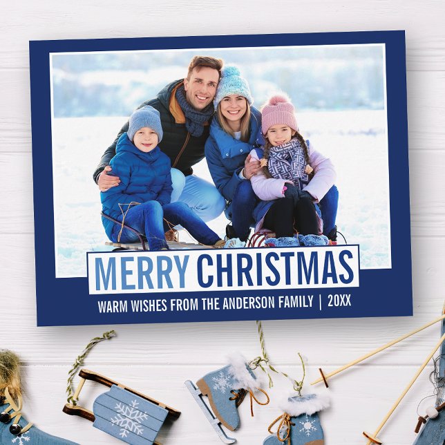 Postal Moderna foto de la familia navideña Merry azul (Customize to change your personalized text size or text style.)