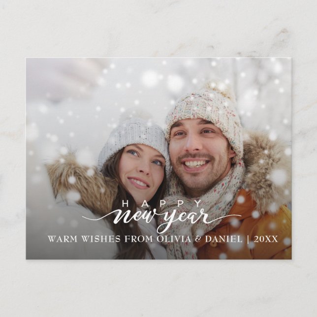 Postal Moderna fotografía familiar caligrafía Año Nuevo (Anverso)