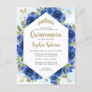 Postal Moderna Girly Royal Floral Gold Quinceañera