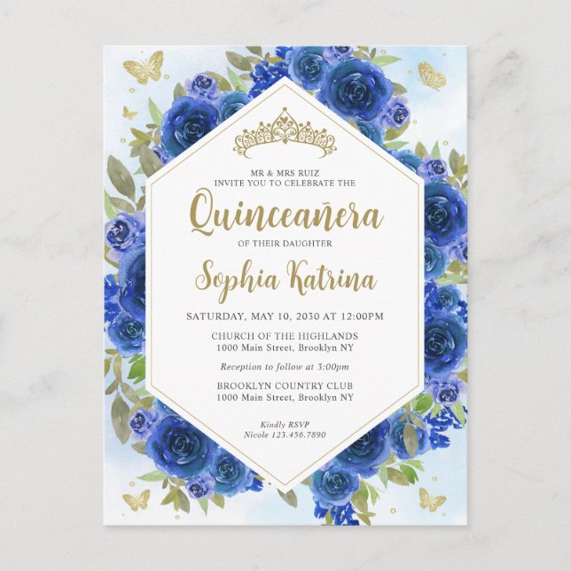 Postal Moderna Girly Royal Floral Gold Quinceañera (Anverso)