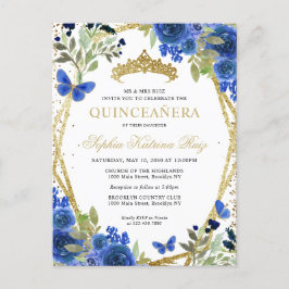 Postal Moderna Marina Floral Azul Oro Tiara Quinceañera