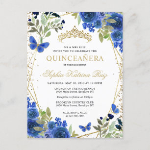 Postal Moderna Marina Floral Azul Oro Tiara Quinceañera