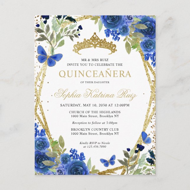 Postal Moderna Marina Floral Azul Oro Tiara Quinceañera (Anverso)