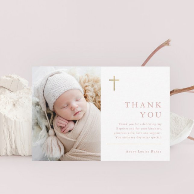 Postal Moderna Mínima Oro Cruzada Foto Bautismo Gracias (Modern gold cross baby photo girls baptism thank you postcard.)