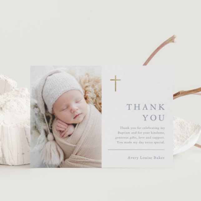 Postal Moderna Mínima Oro Cruzada Foto Bautismo Gracias (Modern gold cross baby photo boys baptism thank you postcard.)