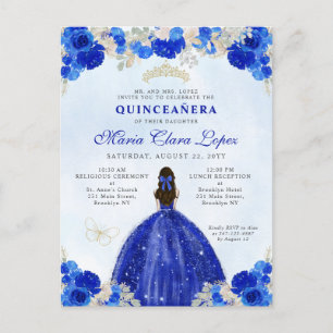 Postal Moderna Princesa Floral de oro azul real Quinceañe