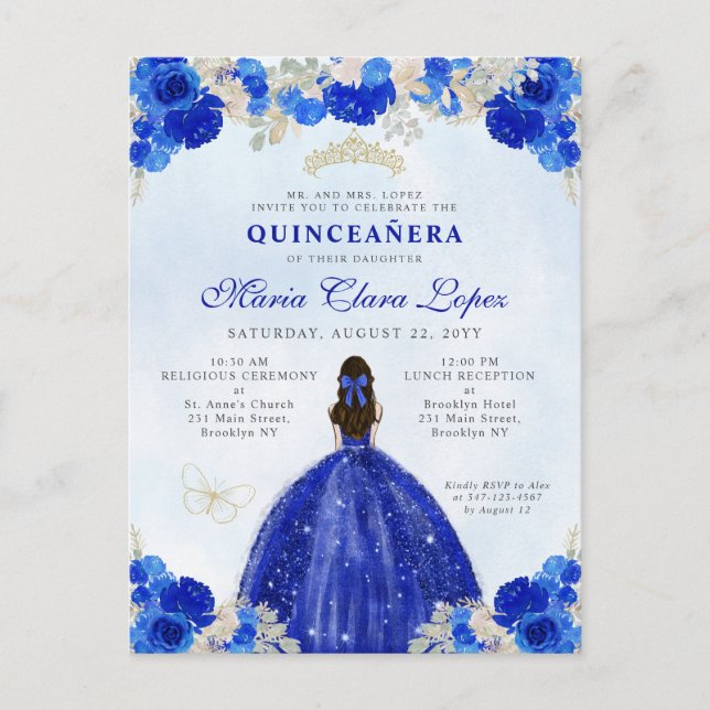 Postal Moderna Princesa Floral de oro azul real Quinceañe (Anverso)