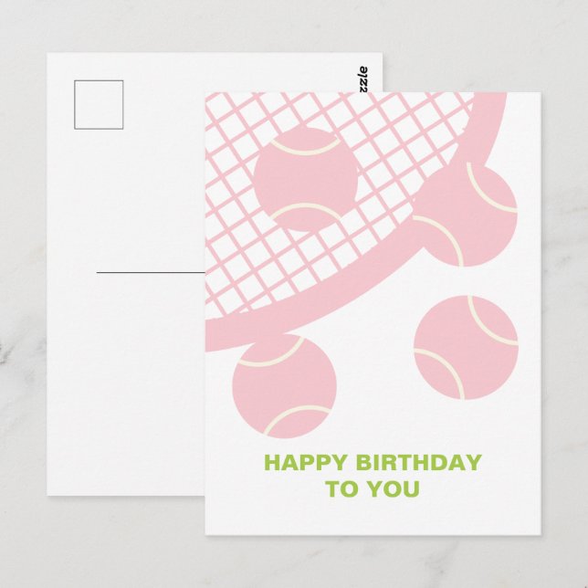 Postal Moderna raqueta rosa de bolas de tenis Feliz cumpl (Anverso / Reverso)