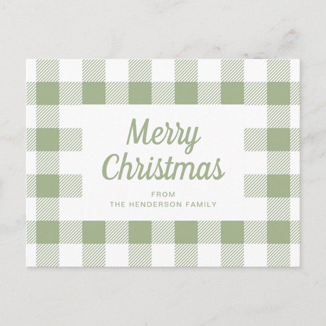 Postal Moderna Sage Green Plaid Feliz Navidad (Anverso)