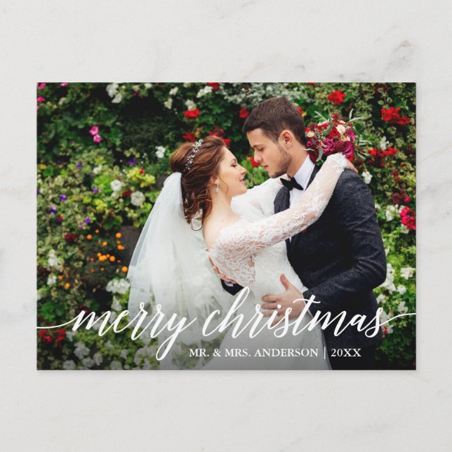 Postal Moderna y elegante caligrafía Feliz Boda navideño (Anverso)