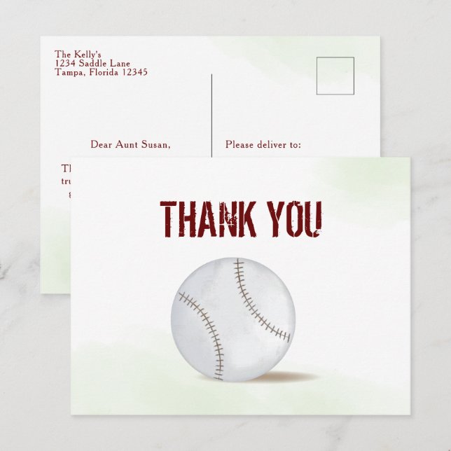 Postal Moderna y simple Gracias Watercolor Béisbol (Anverso / Reverso)