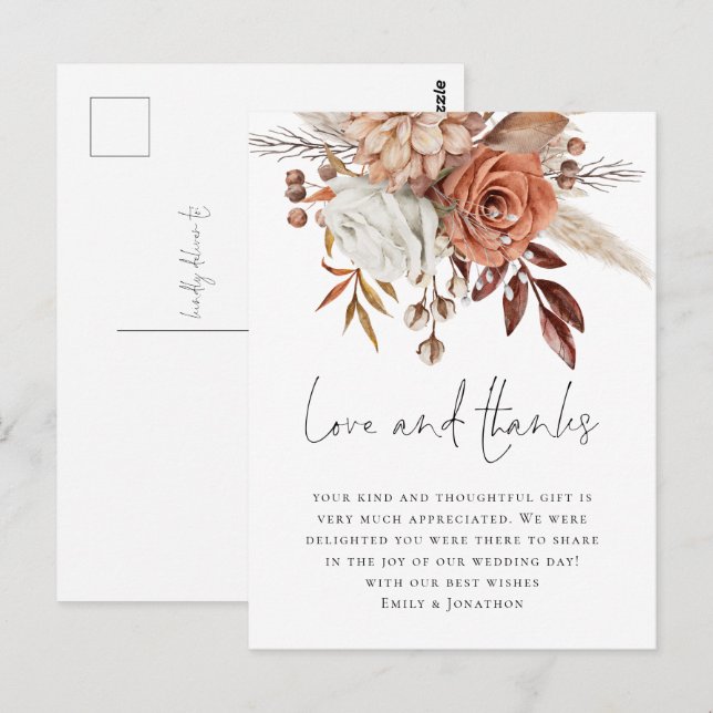 Postal Modernas Terracota Florals Amor Gracias Boda (Anverso / Reverso)