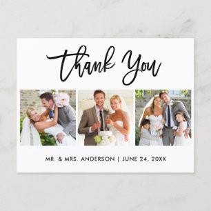 Postal Moderno agradecimiento de 3 fotos de boda con letr