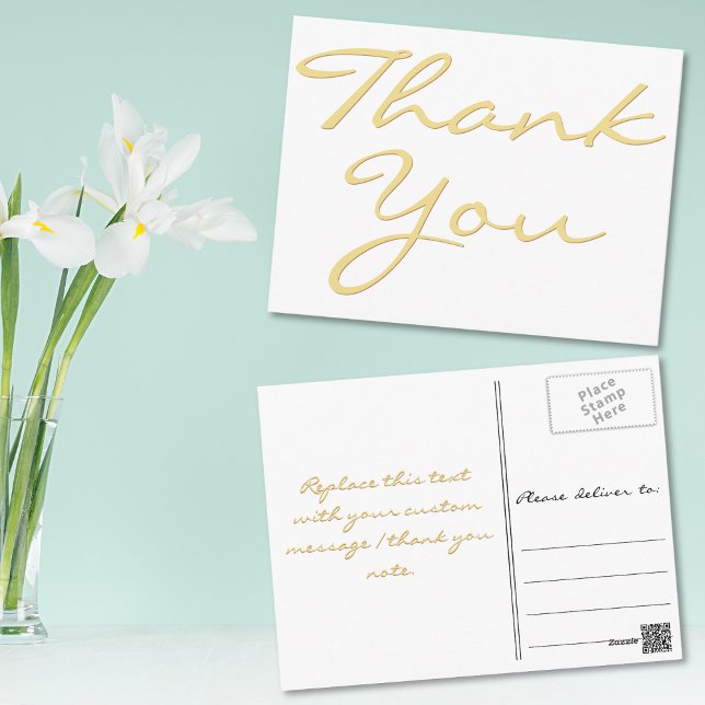 Postal Moderno agradecimiento elegante en falso oro y let (Modern White Elegant Faux Gold Script Thank You Postcard)