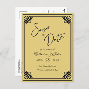 Postal Moderno Art Deco Black Gold Peacock Salva La Fecha