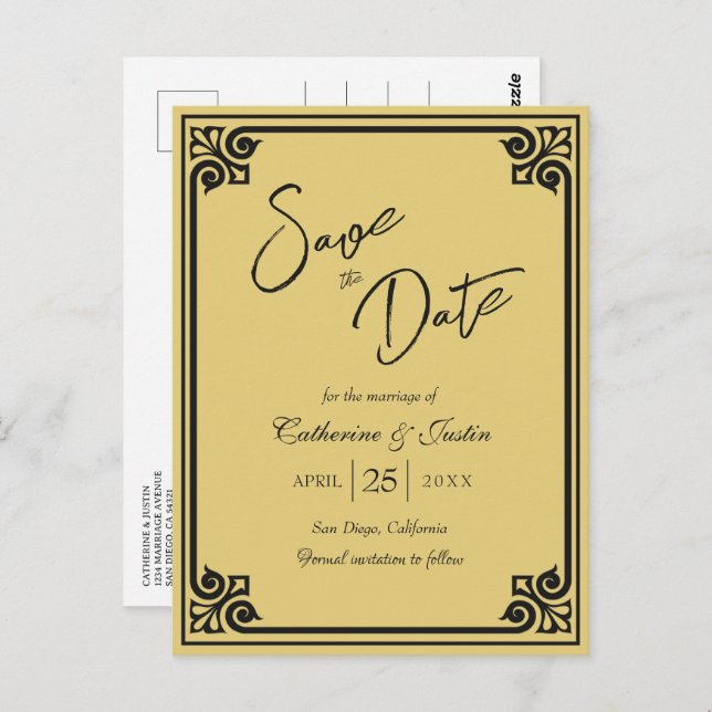 Postal Moderno Art Deco Black Gold Peacock Salva La Fecha (Anverso / Reverso)