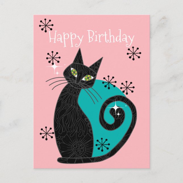Postal Moderno Atómico Feliz Cumpleaños Retro De Gatos De (Anverso)