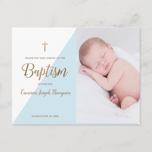 Postal Moderno Baby Boy Blue Photo Baptism Gracias (Anverso)