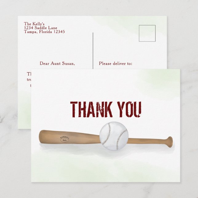 Postal Moderno Béisbol Simple Gracias Acuarela (Anverso / Reverso)