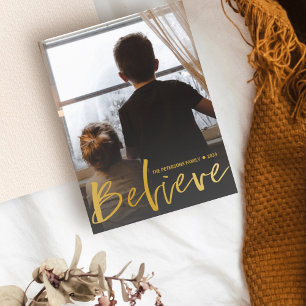 Postal Moderno Believe Gold Script Foto Navidad