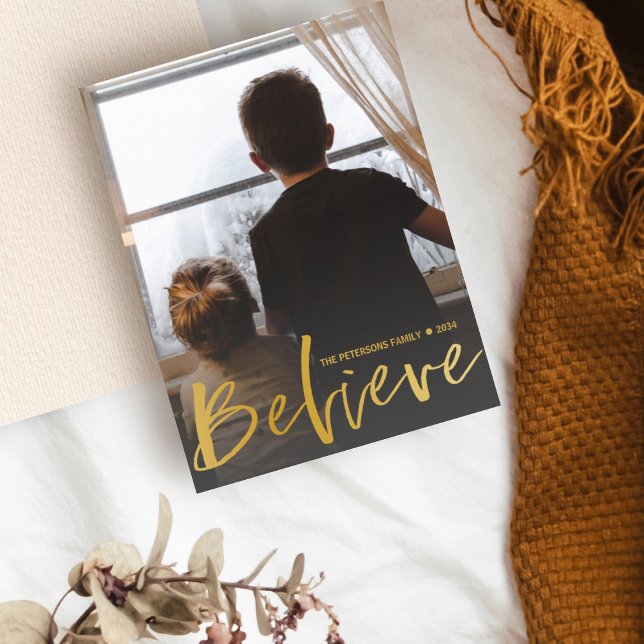 Postal Moderno Believe Gold Script Foto Navidad (Subido por el creador)