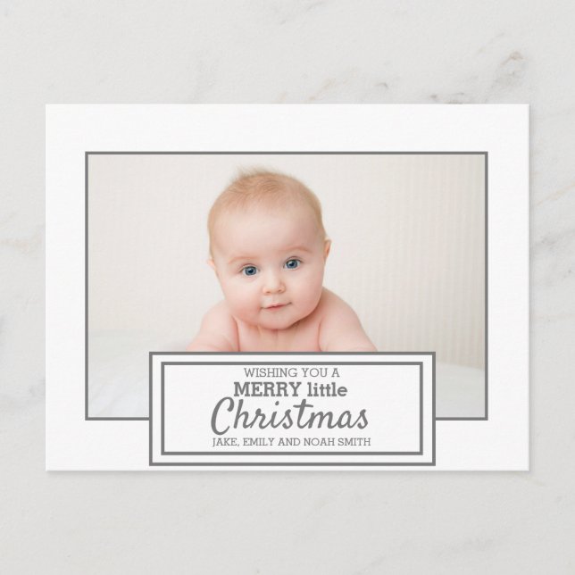 Postal Moderno Blanco Gris Foto Feliz Pequeña Navidad (Anverso)