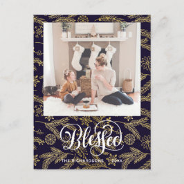 Postal Moderno Blue Gold Pine Bough Elegant Script BLESSE
