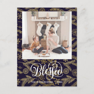 Postal Moderno Blue Gold Pine Bough Elegant Script BLESSE