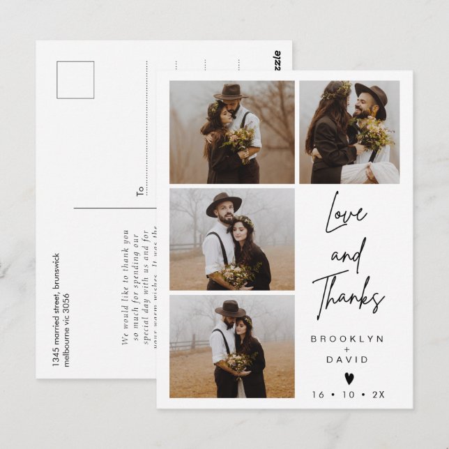 Postal Moderno Boda de cuatro fotos gracias Postcard (Anverso / Reverso)