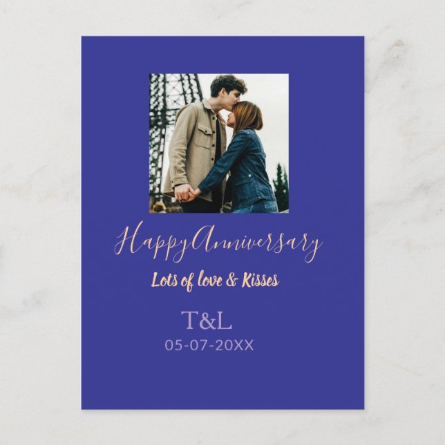 Postal moderno boho feliz aniversario agregar nombre azul (Anverso)