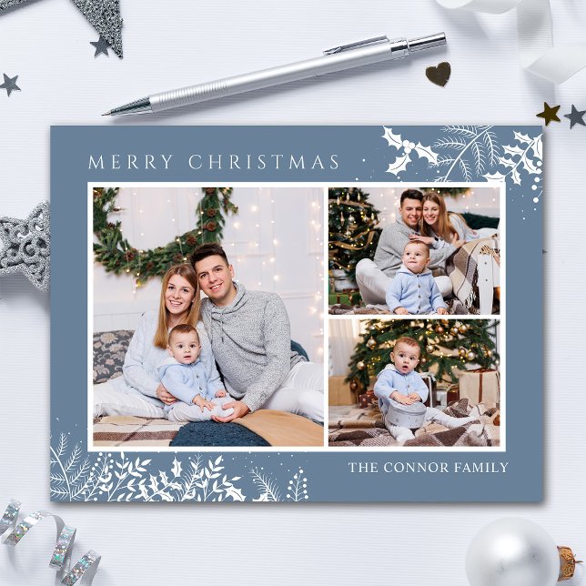 Postal Moderno Collage de fotos azul turbio Feliz Navidad (Subido por el creador)