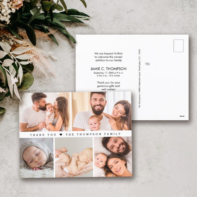 Postal Moderno Collage de fotos simple Ducha de bebé grac (Custom Modern Baby Shower Thank you photo collage postcard.)